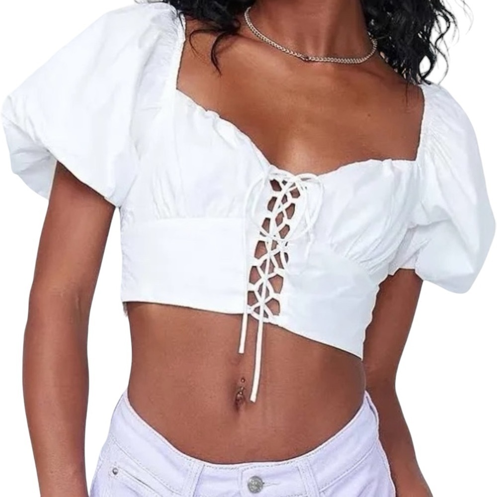 Princess Polly White Antoinette Puff Sleeve Crop Top Size 10